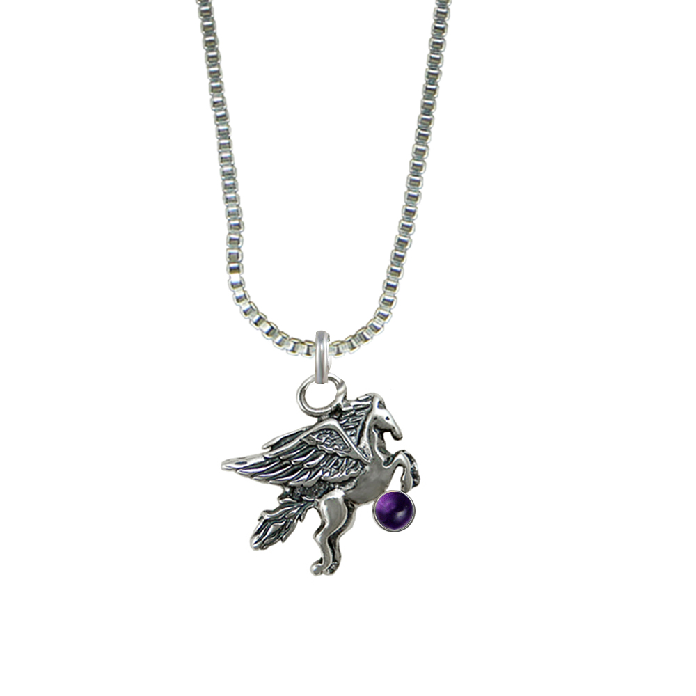 Sterling Silver Little Winged Horse Pegasus Pendant With Amethyst